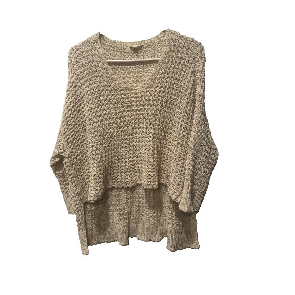 Eileen Fisher Cream Open Knit V-Neck Sweater medium 3/4 Sleeve High-Low Pullover - Picture 3 of 8